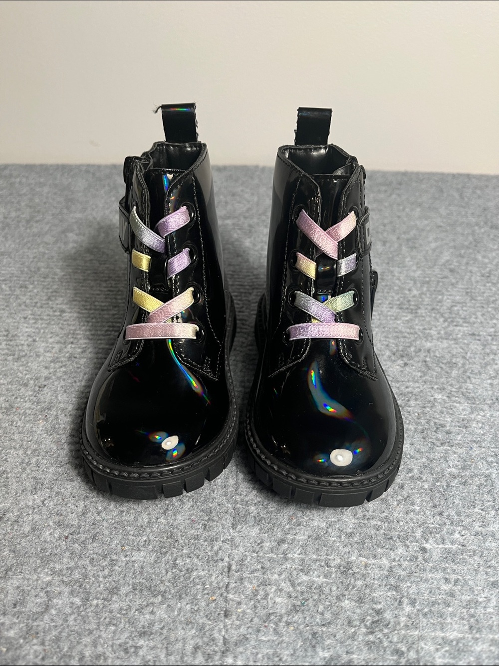 DKNY Black Patent Combat Boots with Pastel Iridescent Laces